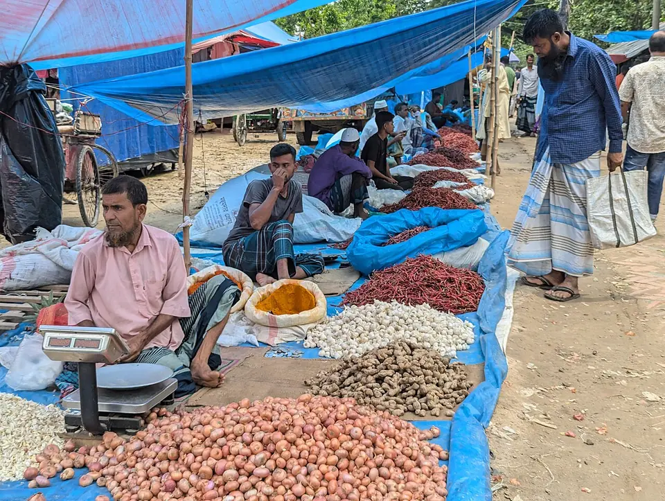 Heaps of red chilies, garlic, turmeric, ginger and shallots on tarps at a village spice market in Bangladesh